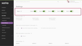 Courses & Diplomas settings page. Grades status bar is highlighted. In the status bar are 5 toggles turned on. Each toggle is for a grade from 8th to 12th